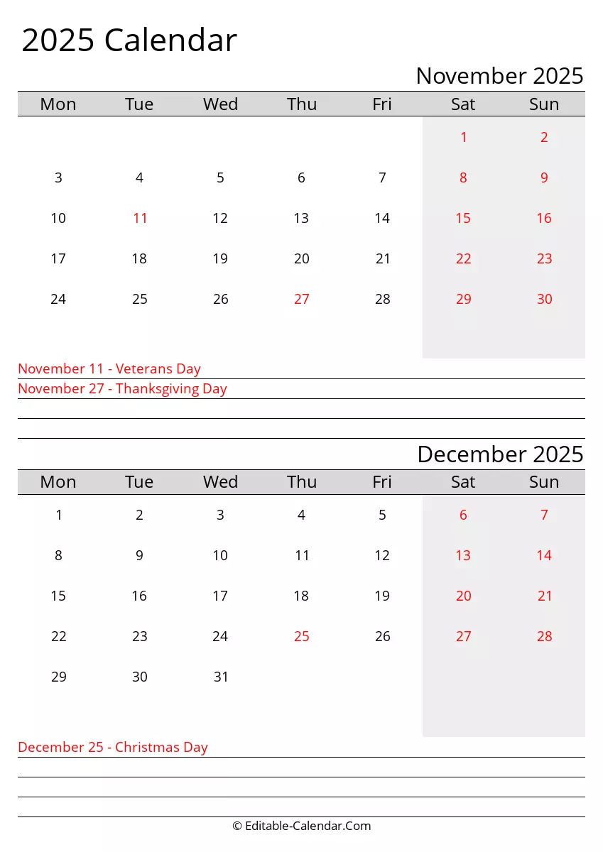 monday start, november and december 2025 printable calendar