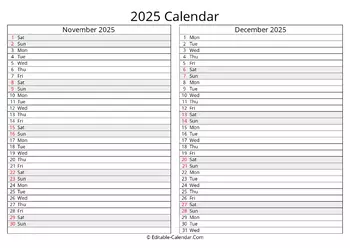 november december 2025 calendar monday start