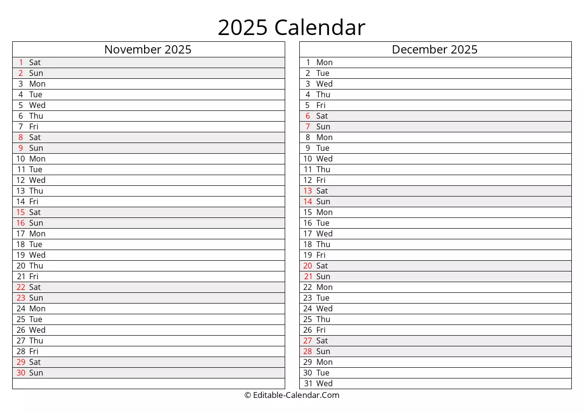monday start, november december 2025 calendar