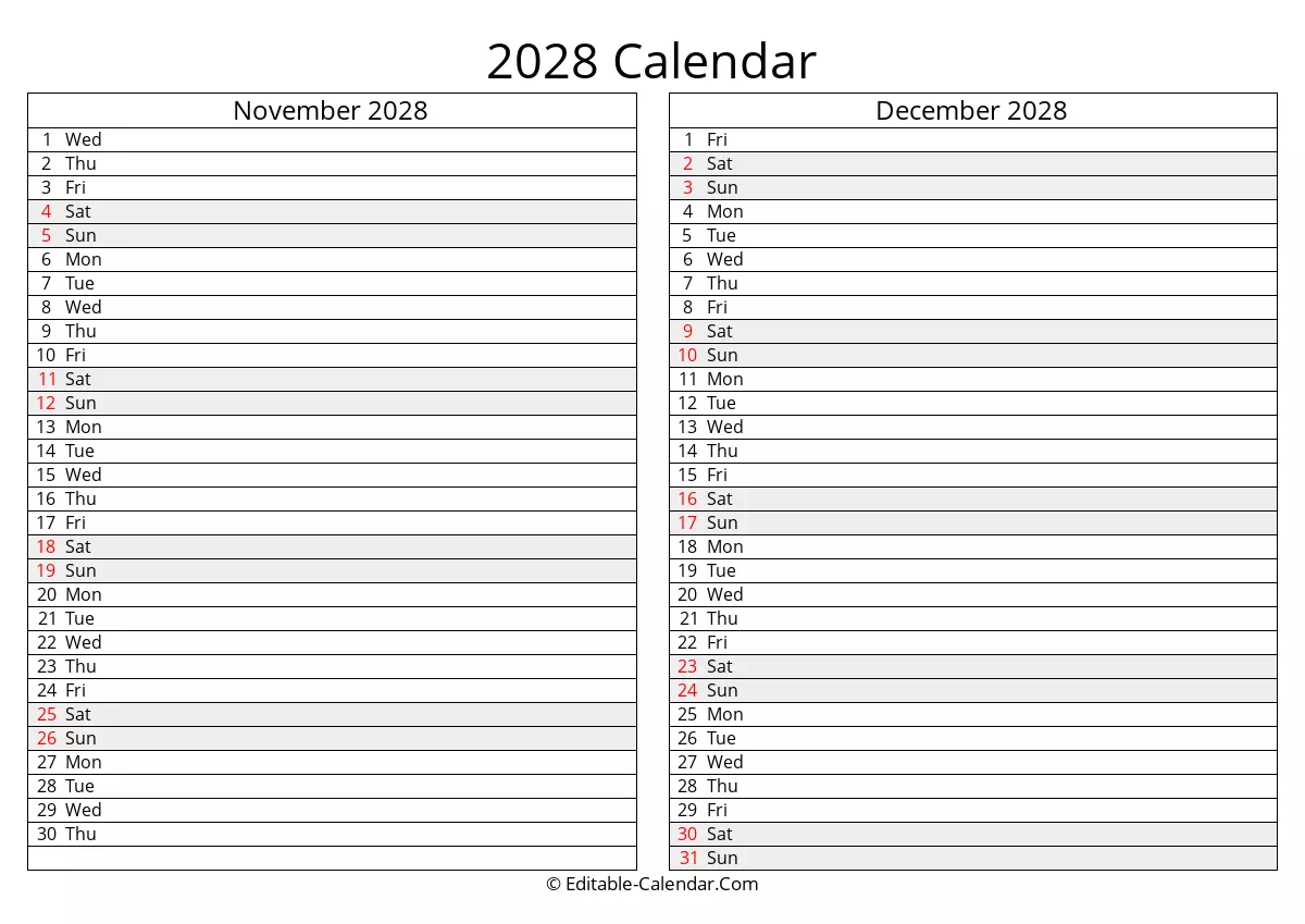 november december 2028 calendar