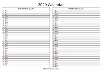 november december 2029 calendar