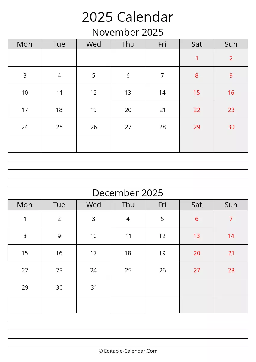 monday start, november december calendar 2025 with notes