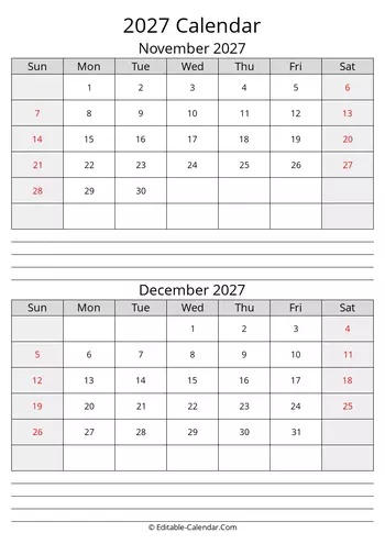 november december calendar 2027 with notes