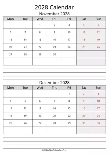 november december calendar 2028 with notes monday start