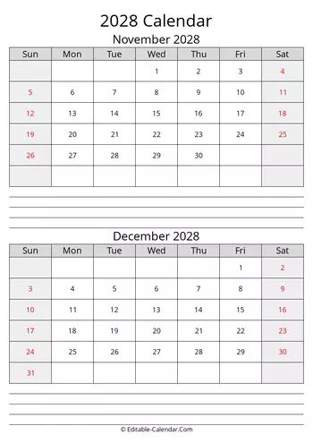 november december calendar 2028 with notes