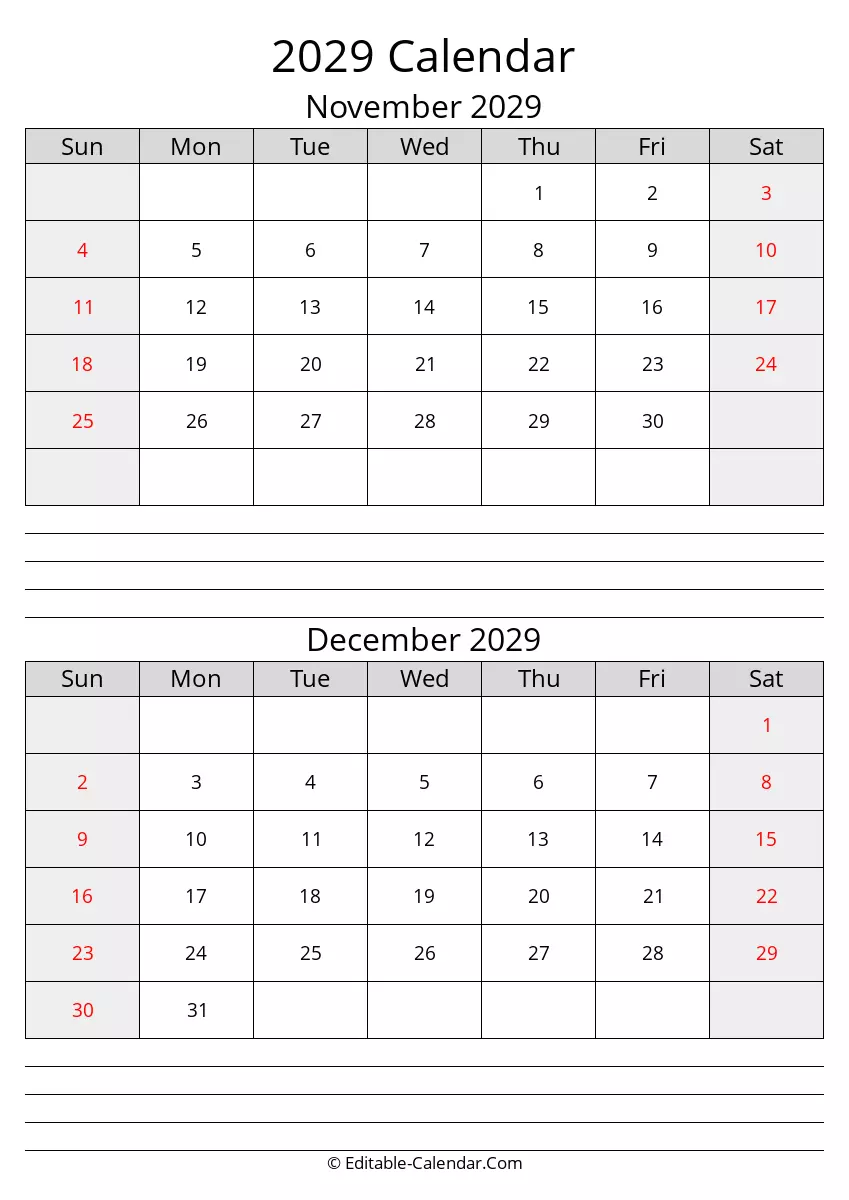 November December Calendar 2029 With Notes