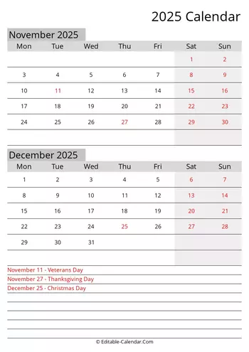 november december editable calendar 2025 with holidays monday start
