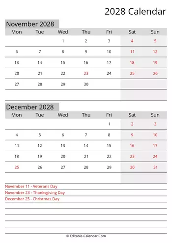 november december editable calendar 2028 with holidays monday start