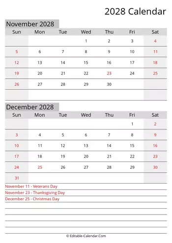 november december editable calendar 2028 with holidays