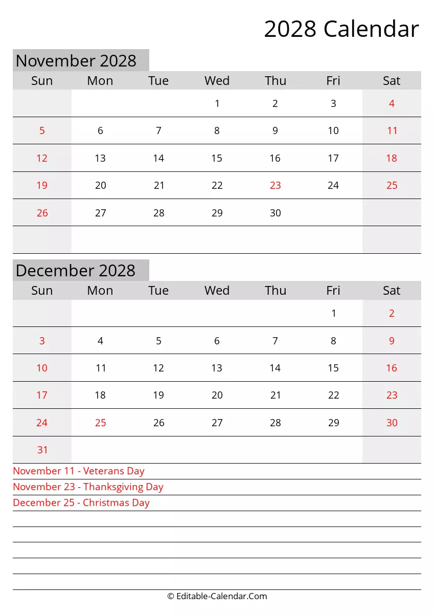 november december editable calendar 2028 with holidays