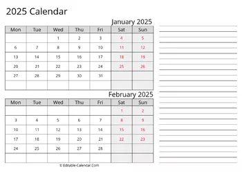 printable calendar january february 2025 monday start