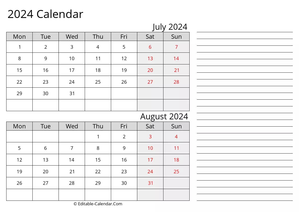 Printable Calendar July August 2024 Monday Start