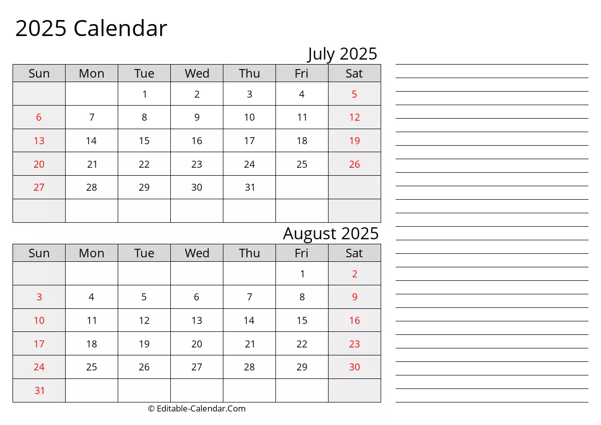 printable calendar july august 2025