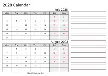 printable calendar july august 2028 monday start