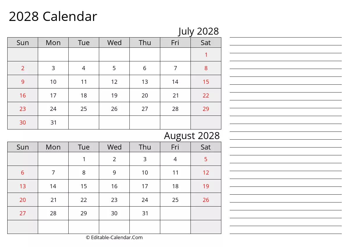 printable calendar july august 2028