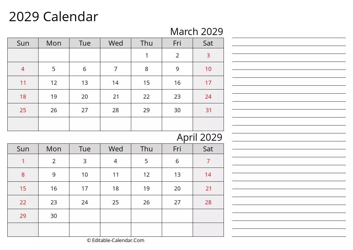 Printable Calendar March April 2029