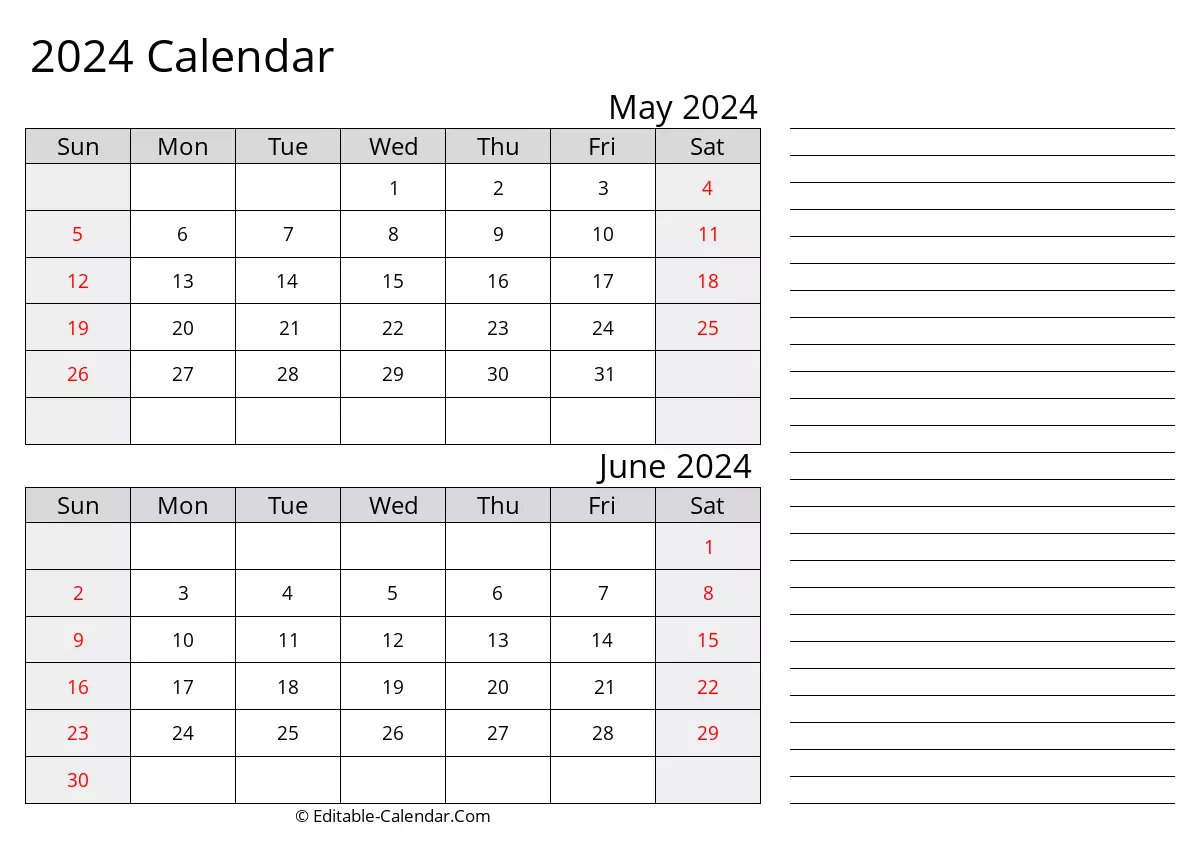 printable calendar may june 2024