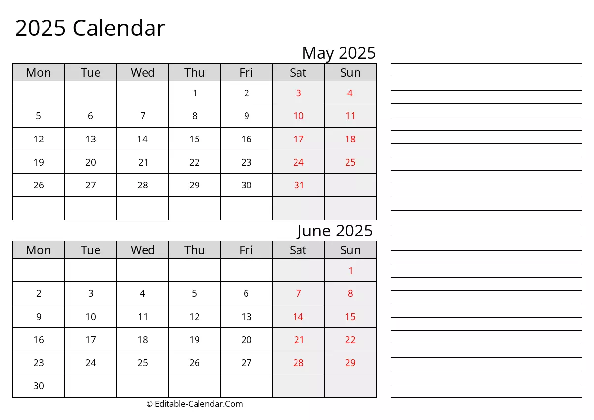 Printable Calendar May June 2025 Monday Start