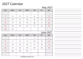 printable calendar may june 2027