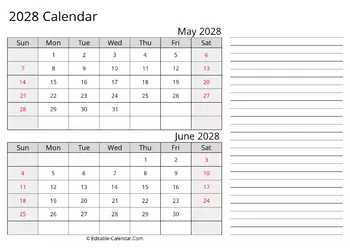 printable calendar may june 2028