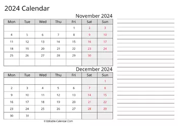 printable calendar november december 2024 monday start