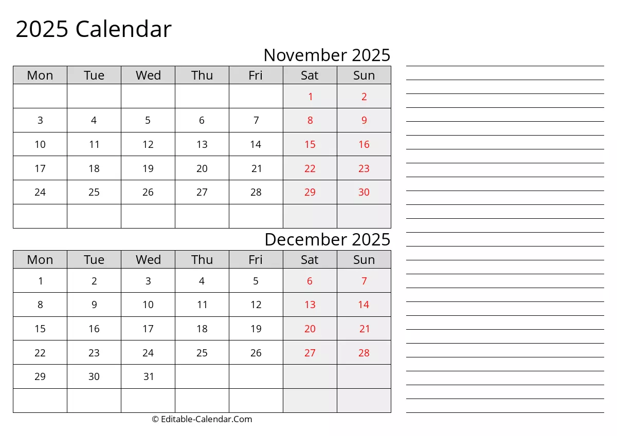 monday start, printable calendar november december 2025