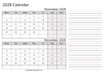 printable calendar november december 2028 monday start