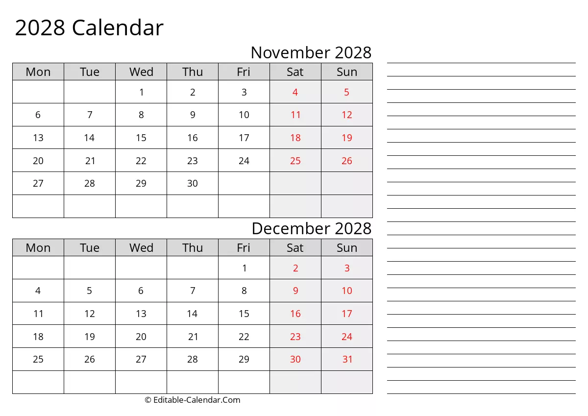 Printable Calendar November December 2028 Monday Start