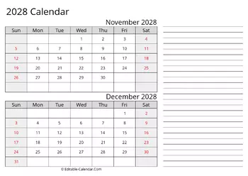 printable calendar november december 2028
