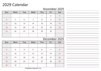 printable calendar november december 2029