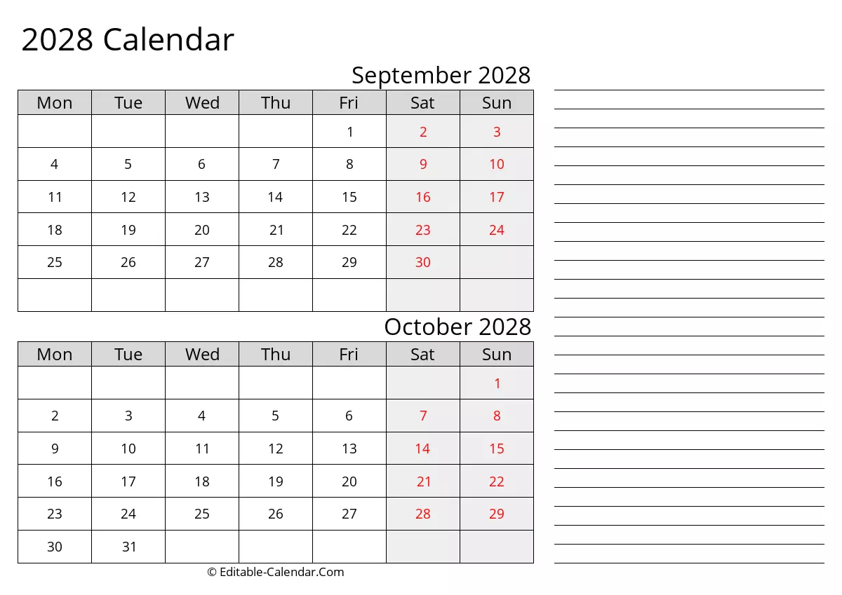 Printable Calendar September October 2028 Monday Start