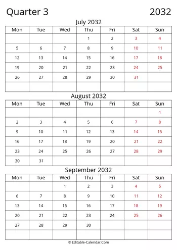 q3 2032 editable quarterly calendar, monday start