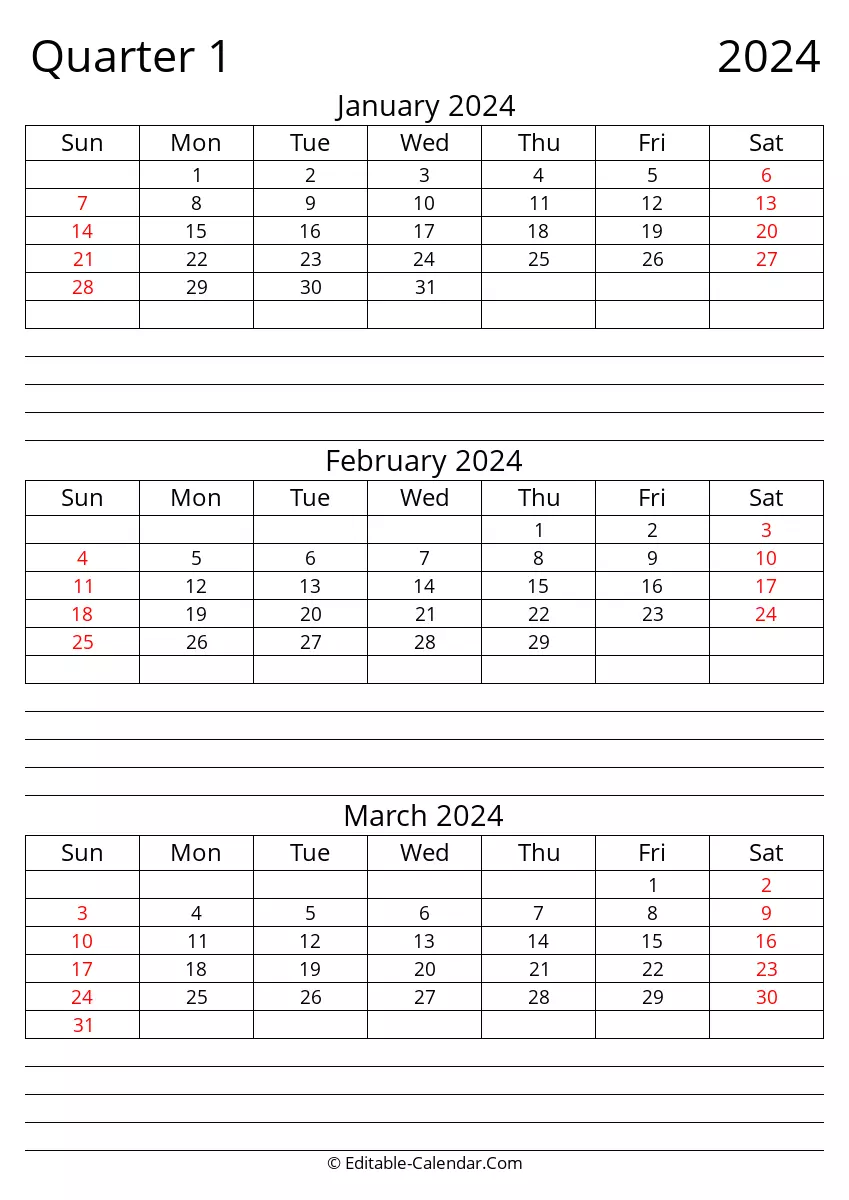 Download Quarter 1 2024 Fillable Calendar With Notes, Sunday Start