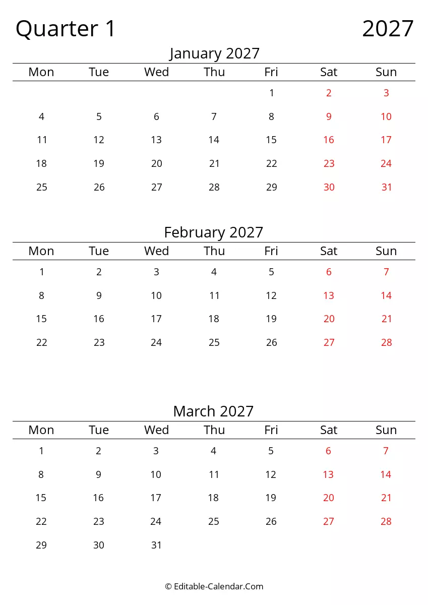 Quarter 1 2027 Three Month Calendar Monday Start