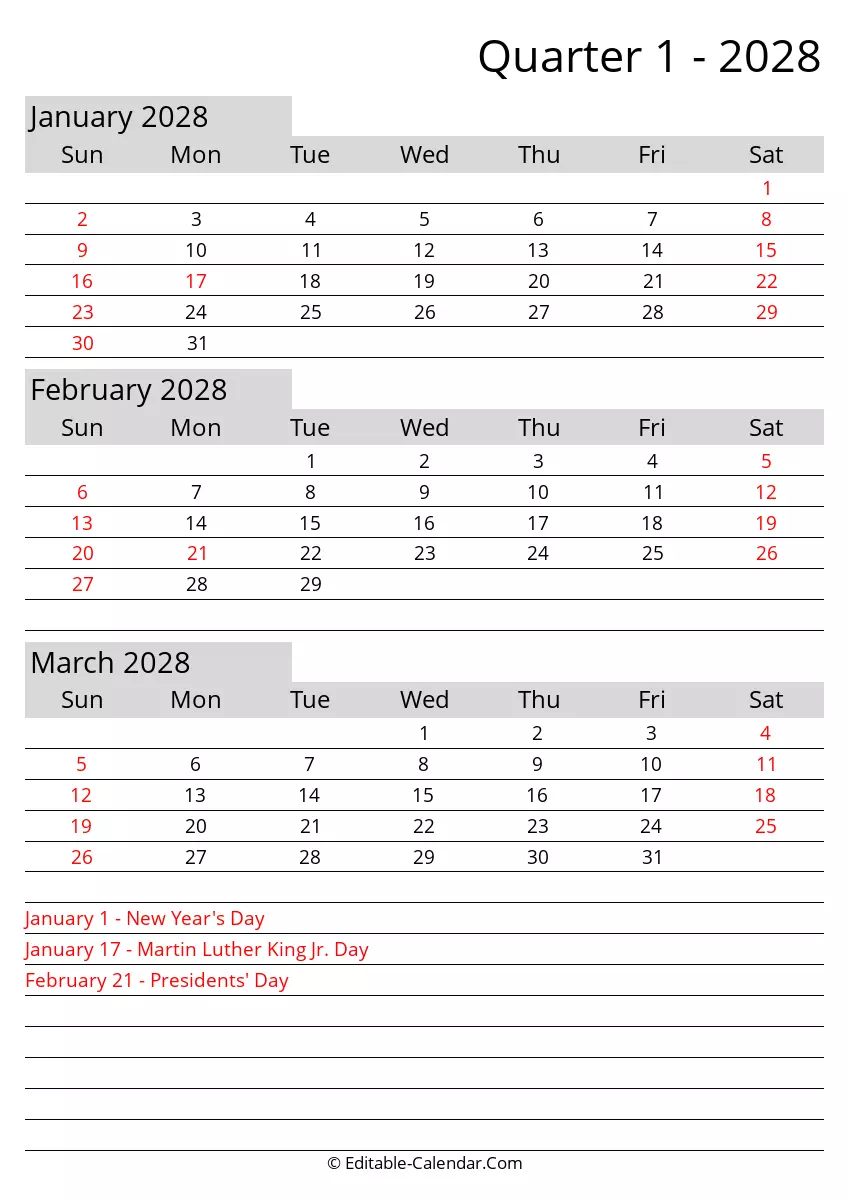 Quarter 1 2028 Editable Calendar With Holidays Sunday Start