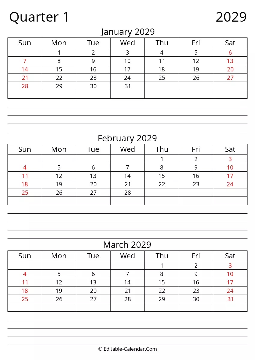 Quarter 1 2029 Fillable Calendar With Notes Sunday Start