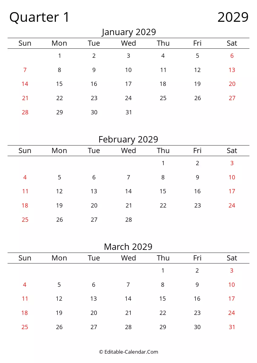 Quarter 1 2029 Three Month Calendar Sunday Start