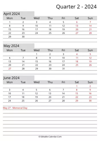 Download Quarter 2 2023 Editable Calendar With Holidays, Monday Start