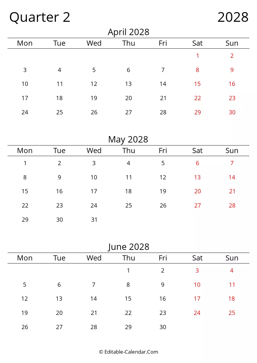 Quarter 2 2028 Three Month Calendar Monday Start