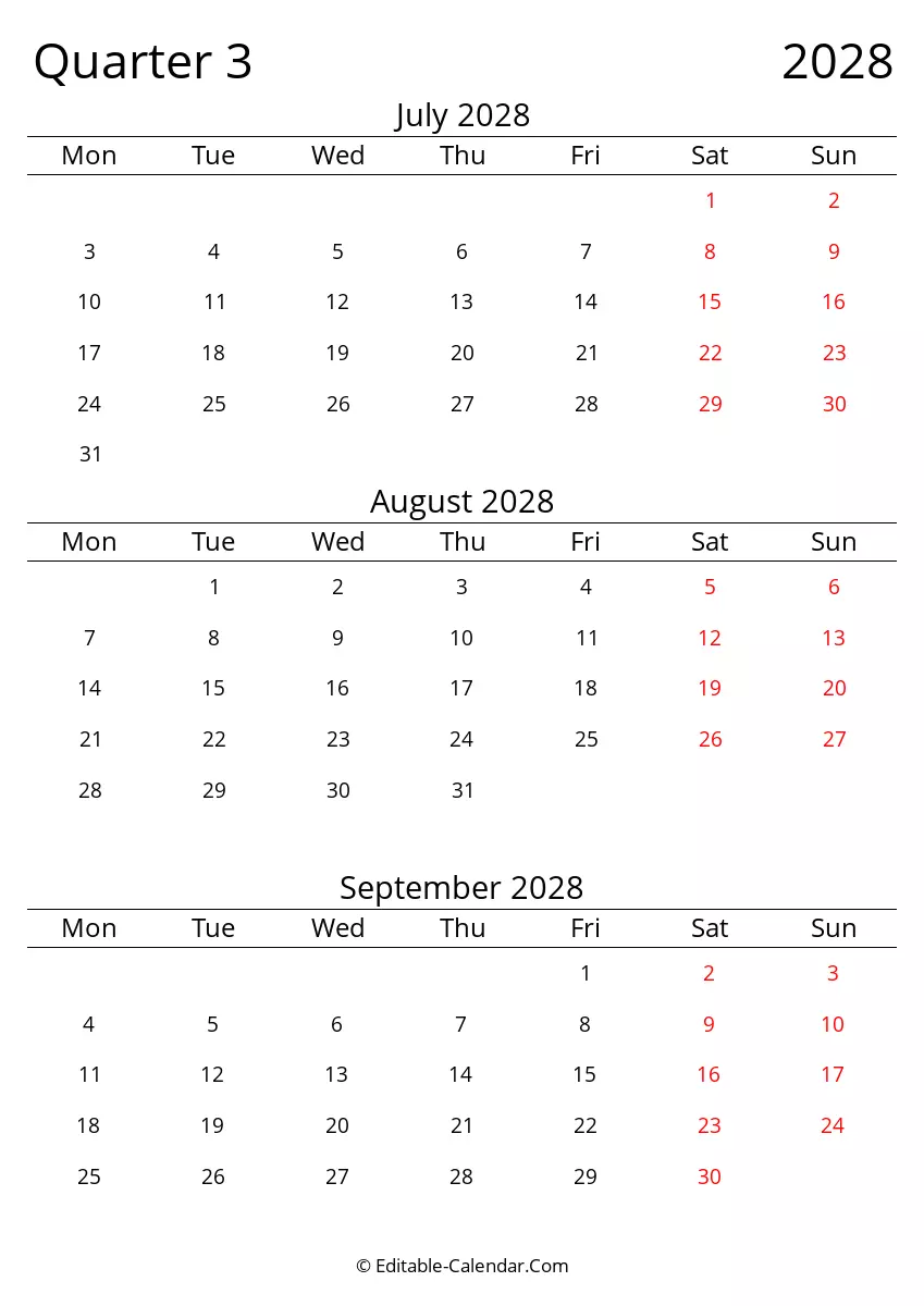 Quarter 3 2028 Three Month Calendar Monday Start