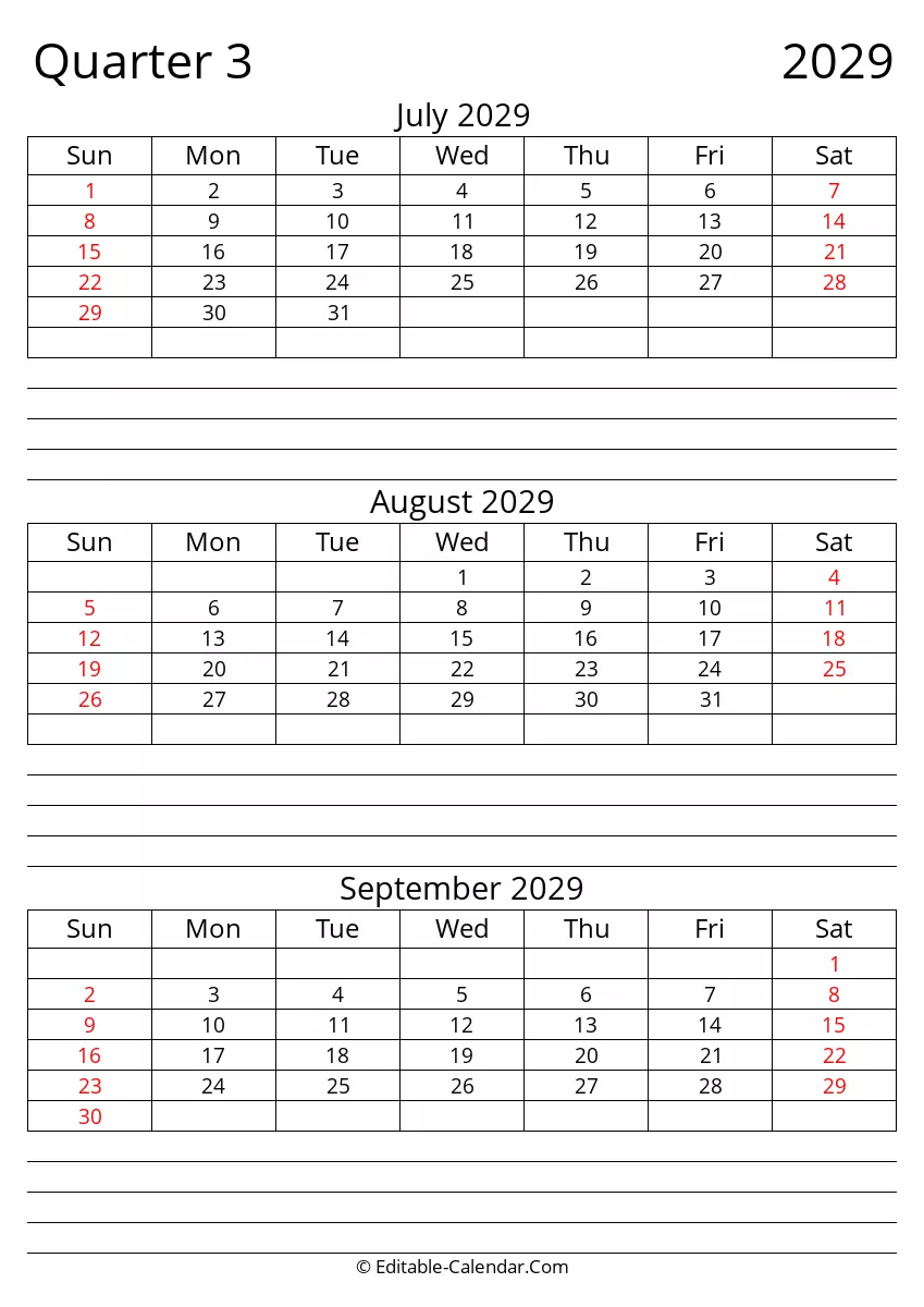 Quarter 3 2029 Fillable Calendar With Notes Sunday Start