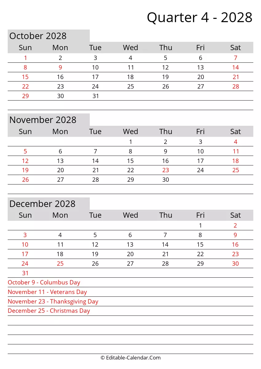 Quarter 4 2028 Editable Calendar With Holidays Sunday Start