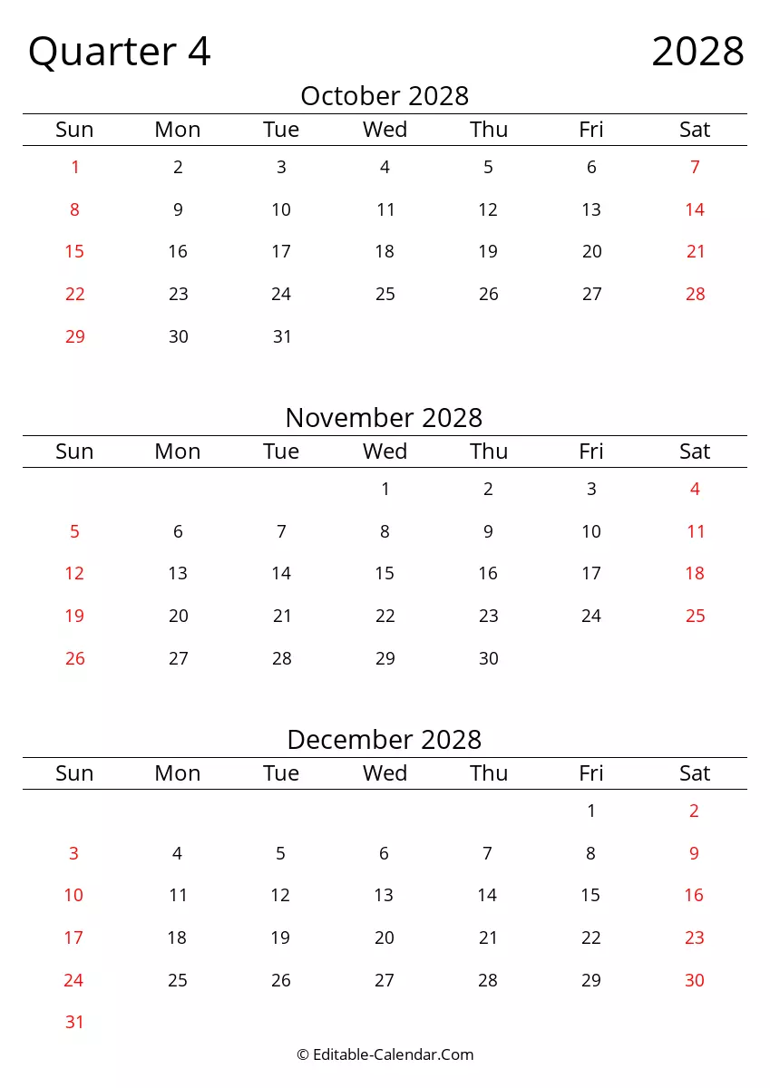 Quarter 4 2028 Three Month Calendar Sunday Start