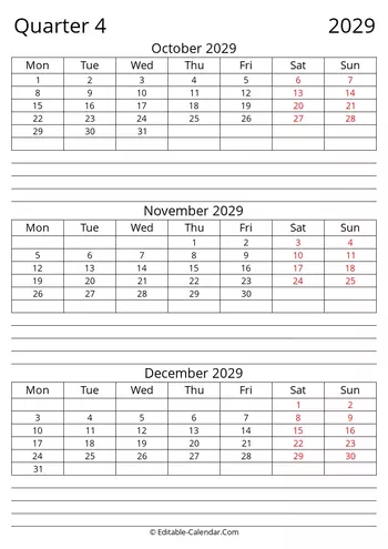 quarter 4 2029 fillable calendar with notes, monday start