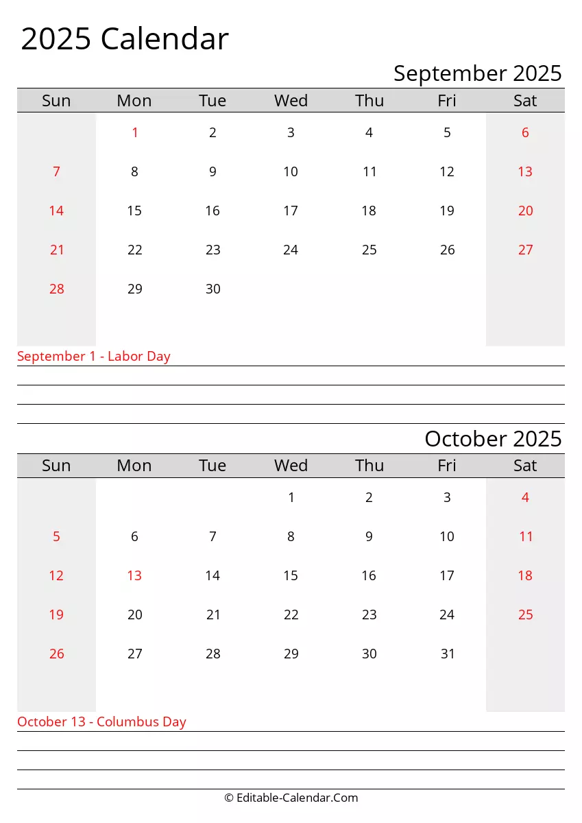 September And October 2025 Printable Calendar