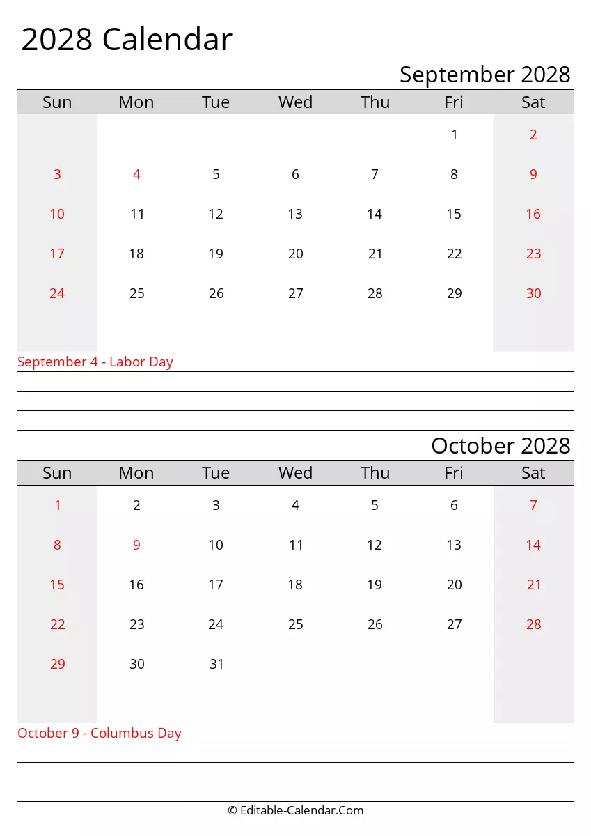 september and october 2028 printable calendar
