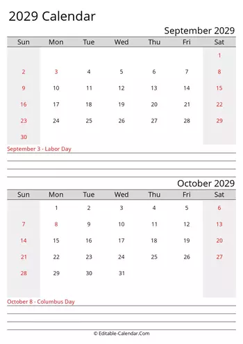 Download Printable Calendar September October 2029, week start on Sunday