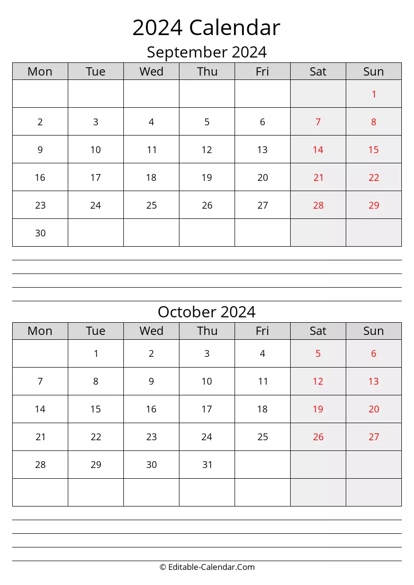 monday start, september october calendar 2024 with notes