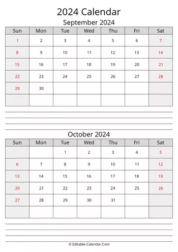 september october calendar 2024 with notes