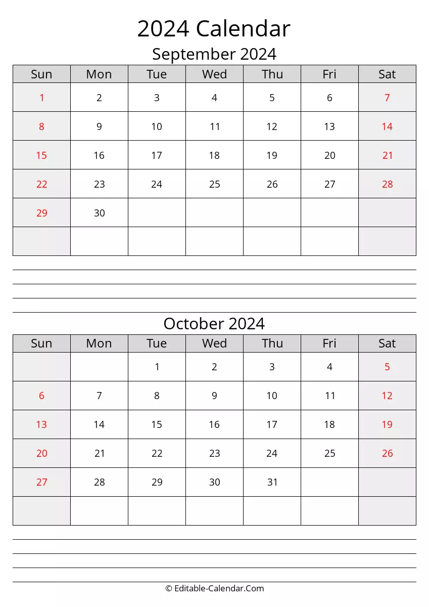 september october calendar 2024 with notes
